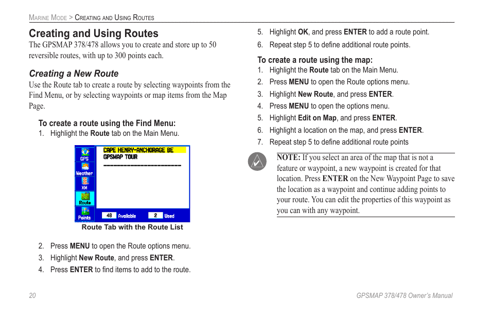 Creating and using routes | Garmin GPSMAP 190-00683-00 User Manual | Page 28 / 152