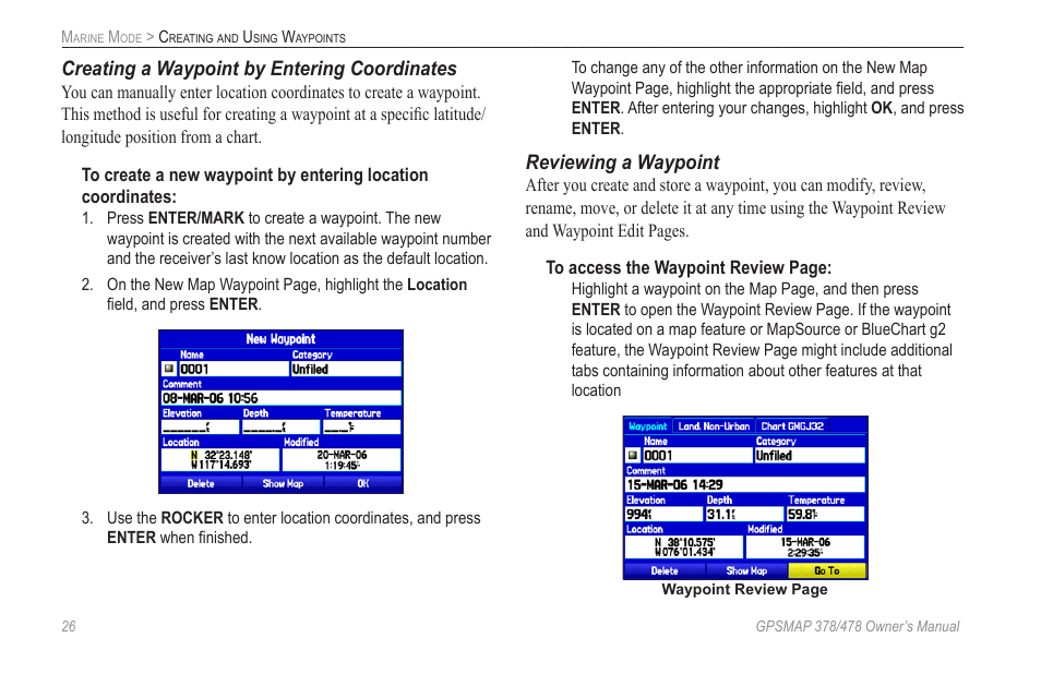 Creating a waypoint by entering coordinates, Reviewing a waypoint | Garmin GPSMAP 190-00683-00 User Manual | Page 34 / 152