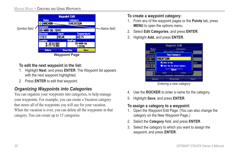 Organizing waypoints into categories | Garmin GPSMAP 190-00683-00 User Manual | Page 38 / 152