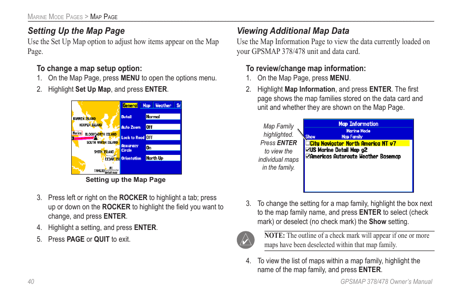 Setting up the map page, Viewing additional map data | Garmin GPSMAP 190-00683-00 User Manual | Page 48 / 152