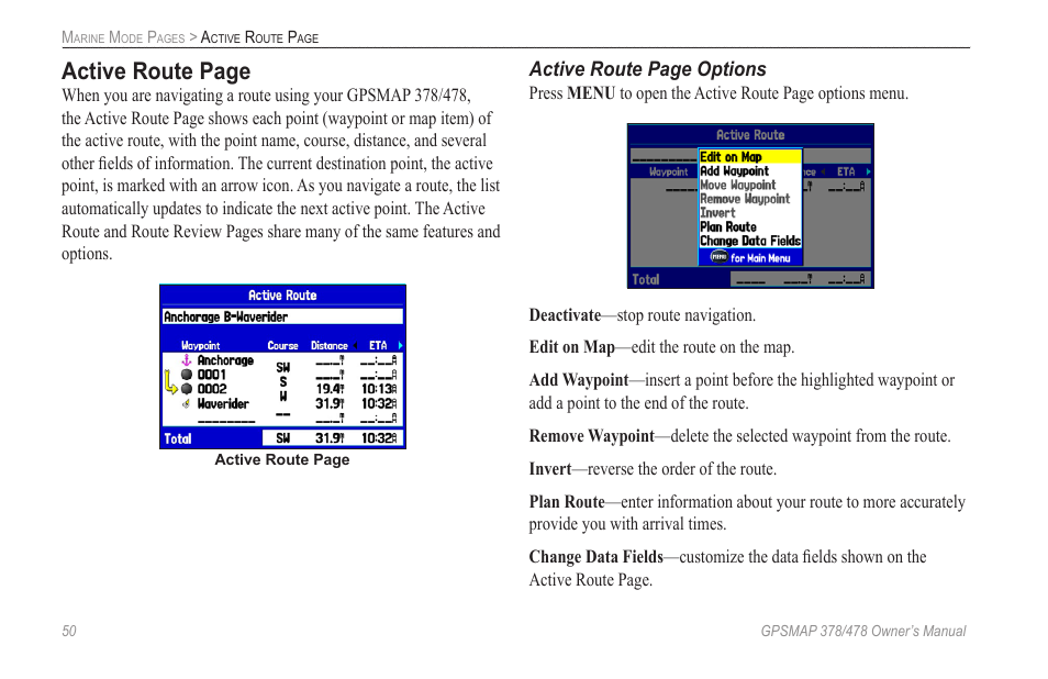 Active route page, Active route page options | Garmin GPSMAP 190-00683-00 User Manual | Page 58 / 152