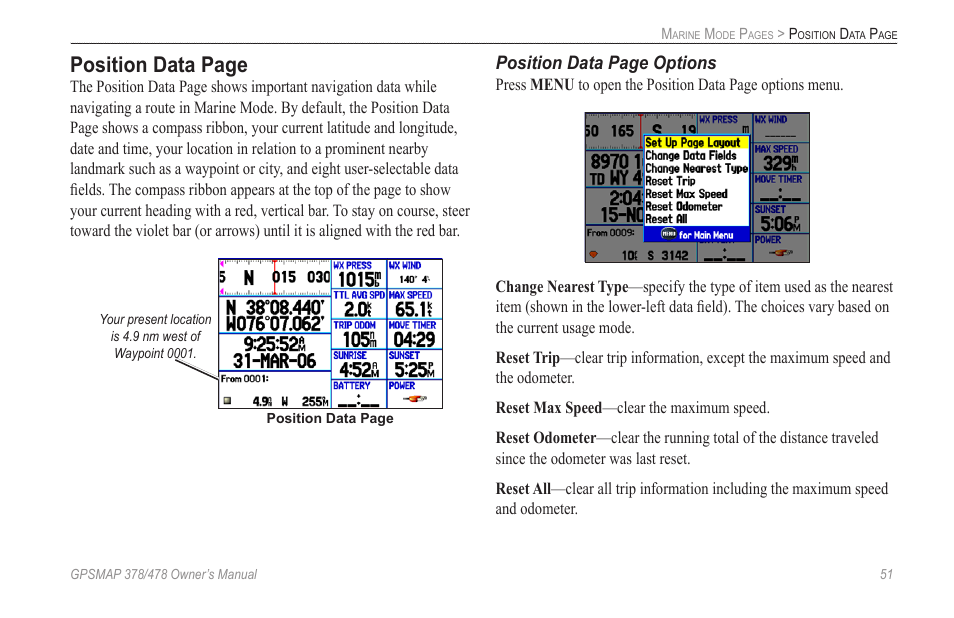 Position data page, Position data page options | Garmin GPSMAP 190-00683-00 User Manual | Page 59 / 152
