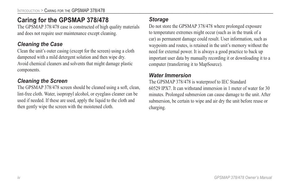 Caring for the gpsmap 378/478 | Garmin GPSMAP 190-00683-00 User Manual | Page 6 / 152