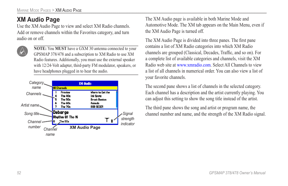 Xm audio page | Garmin GPSMAP 190-00683-00 User Manual | Page 60 / 152
