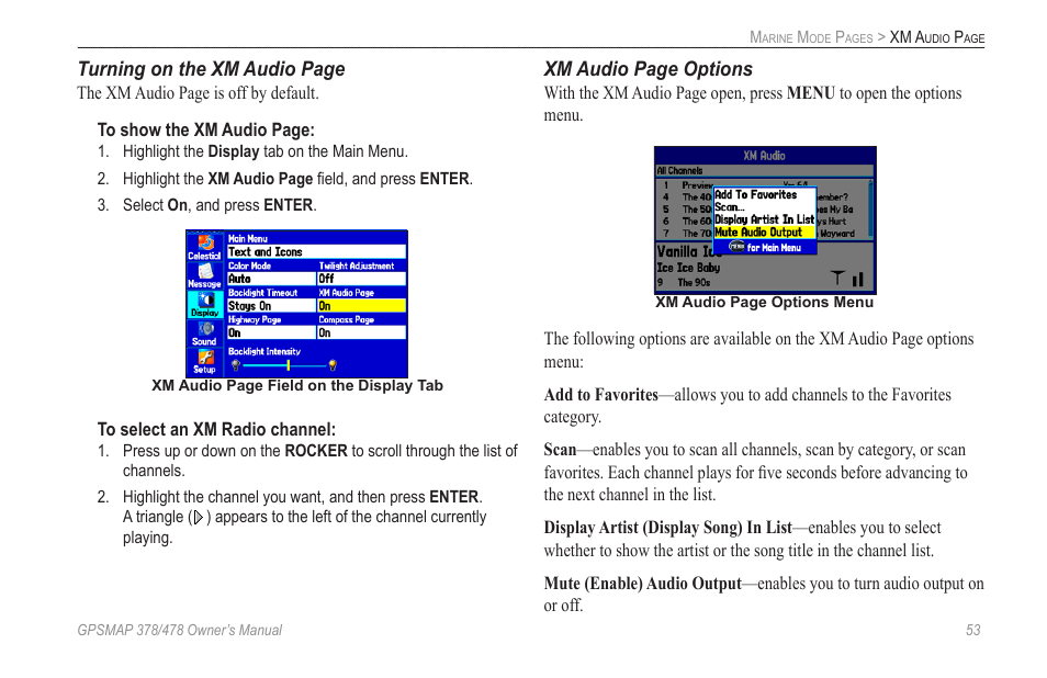 Turning on the xm audio page, Xm audio page options | Garmin GPSMAP 190-00683-00 User Manual | Page 61 / 152