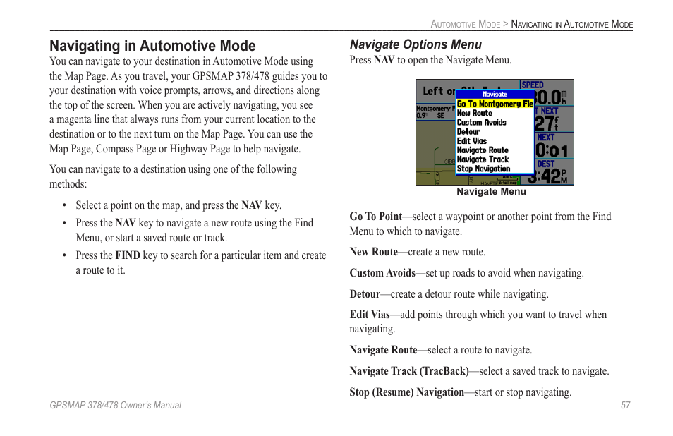 Navigating in automotive mode, Navigate options menu | Garmin GPSMAP 190-00683-00 User Manual | Page 65 / 152