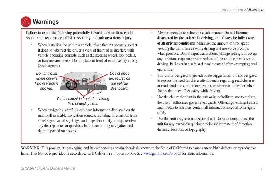 Warnings | Garmin GPSMAP 190-00683-00 User Manual | Page 7 / 152