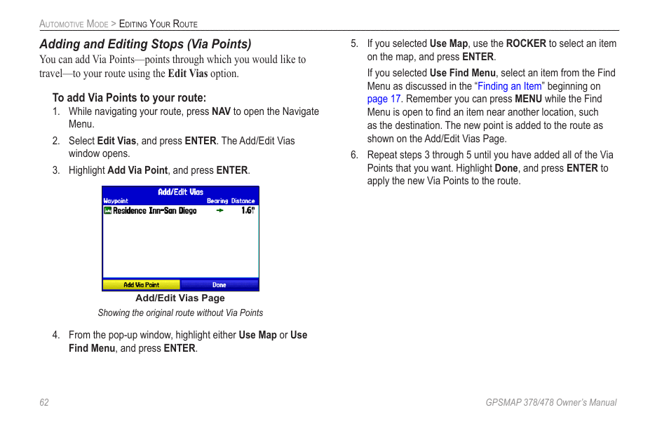 Adding and editing stops (via points) | Garmin GPSMAP 190-00683-00 User Manual | Page 70 / 152