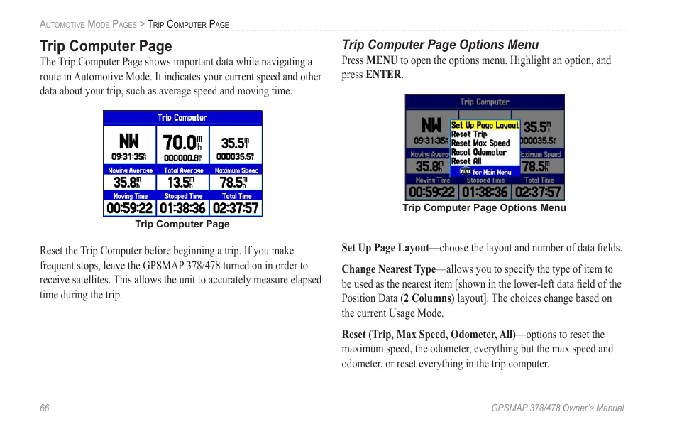 Trip computer page, Trip computer page options menu | Garmin GPSMAP 190-00683-00 User Manual | Page 74 / 152