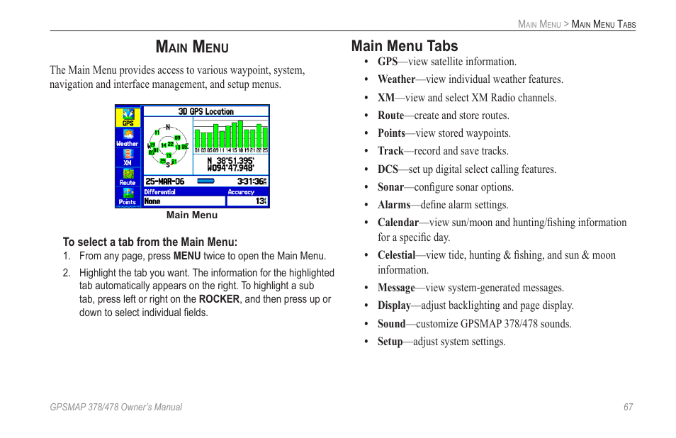Main menu, Main menu tabs, About the main menu, see the | Section beginning on | Garmin GPSMAP 190-00683-00 User Manual | Page 75 / 152