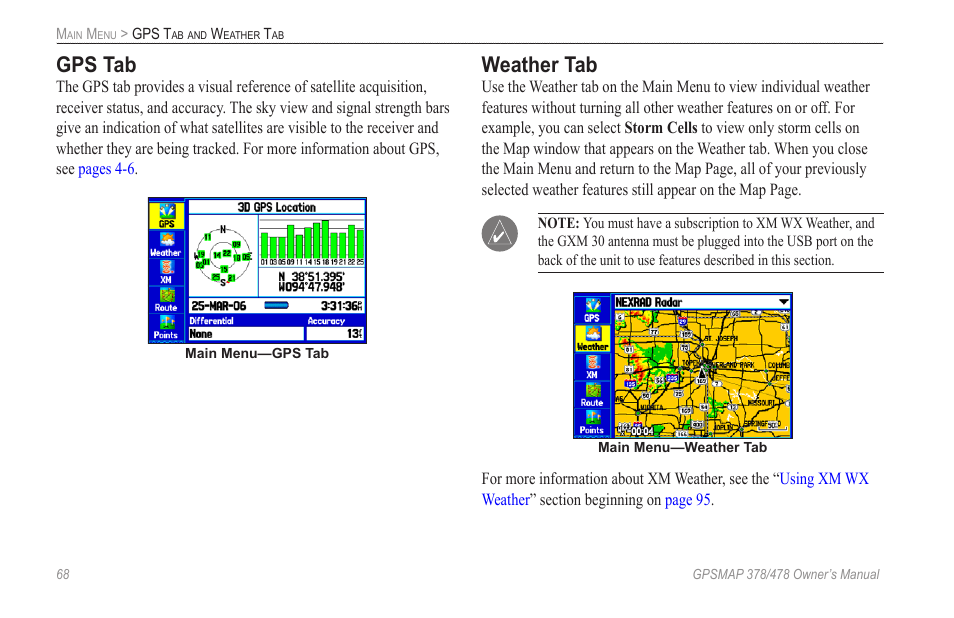 Gps tab, Weather tab | Garmin GPSMAP 190-00683-00 User Manual | Page 76 / 152