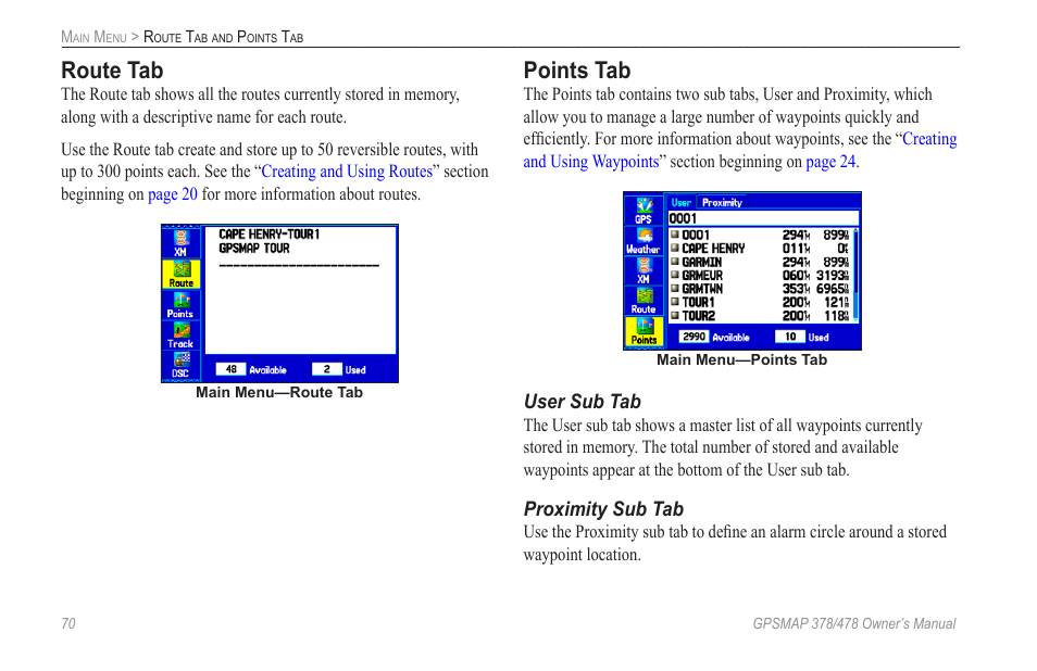 Route tab, Points tab | Garmin GPSMAP 190-00683-00 User Manual | Page 78 / 152