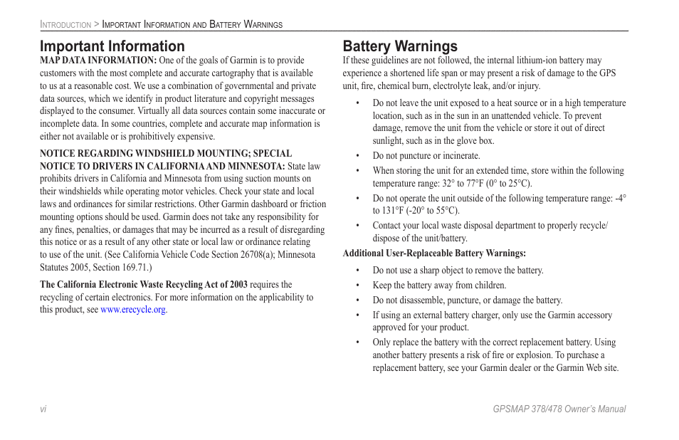 Important information, Battery warnings | Garmin GPSMAP 190-00683-00 User Manual | Page 8 / 152