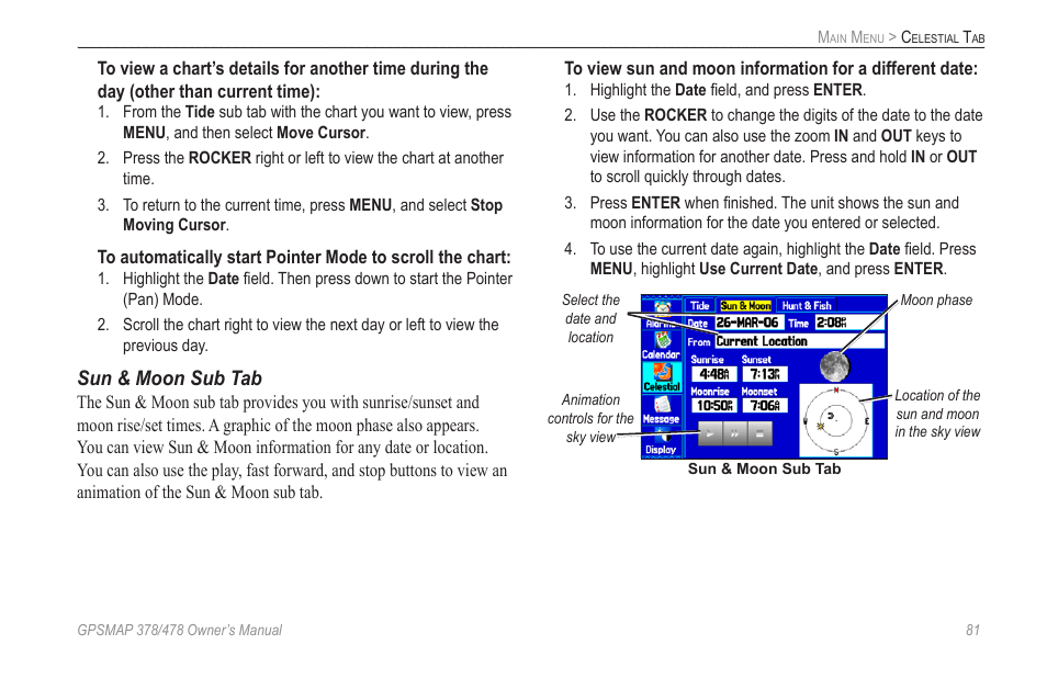 Sun & moon sub tab | Garmin GPSMAP 190-00683-00 User Manual | Page 89 / 152