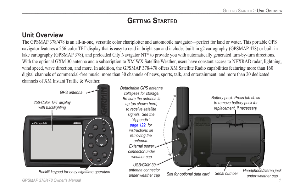 Getting started, Unit overview | Garmin GPSMAP 190-00683-00 User Manual | Page 9 / 152