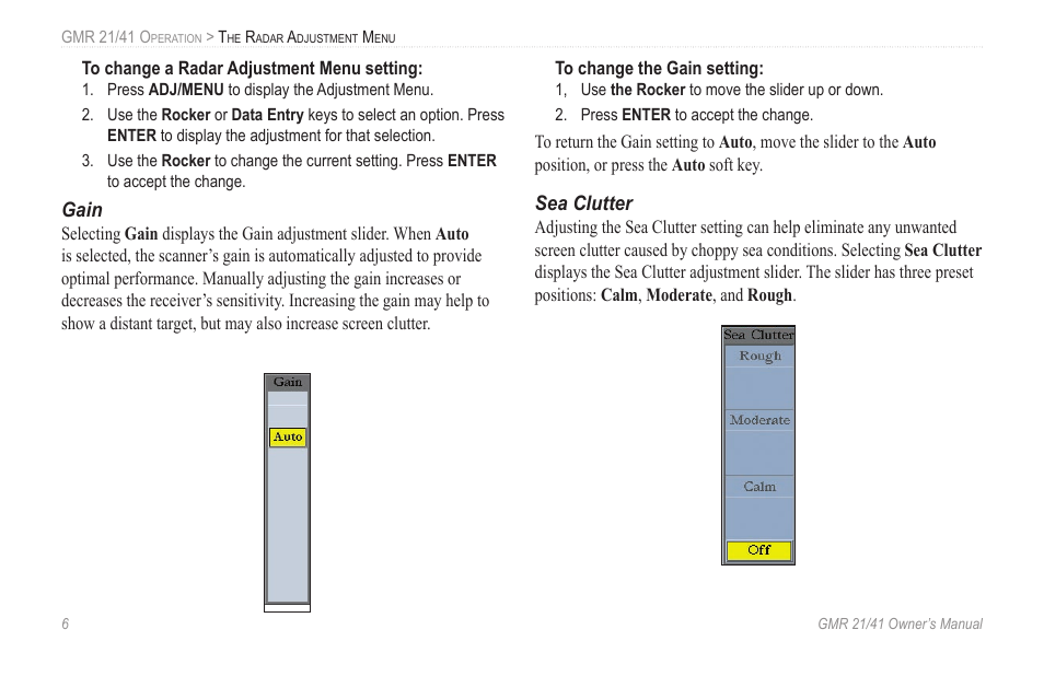 Gain, Sea clutter | Garmin GMR 21 User Manual | Page 10 / 32