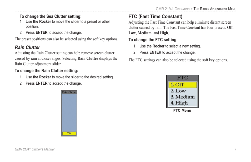 Rain clutter, Ftc (fast time constant) | Garmin GMR 21 User Manual | Page 11 / 32