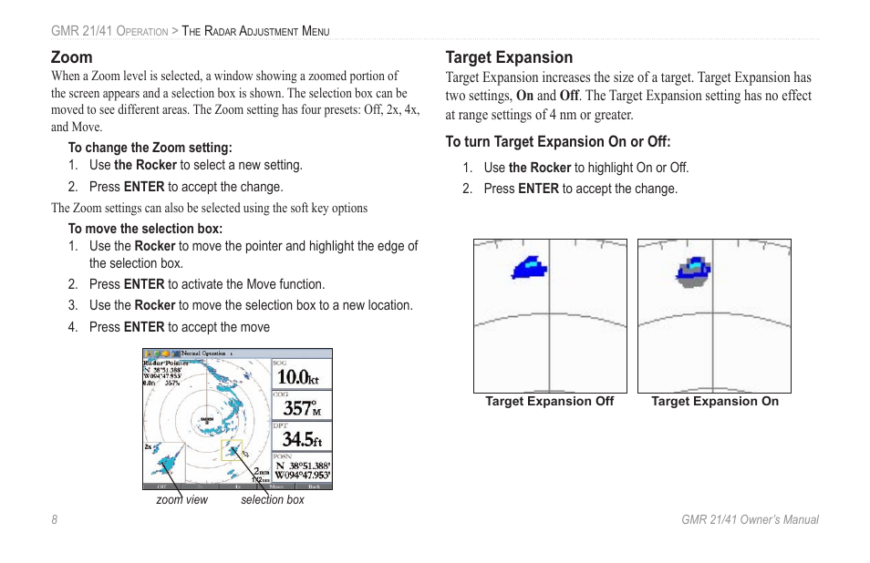 Zoom, Target expansion | Garmin GMR 21 User Manual | Page 12 / 32