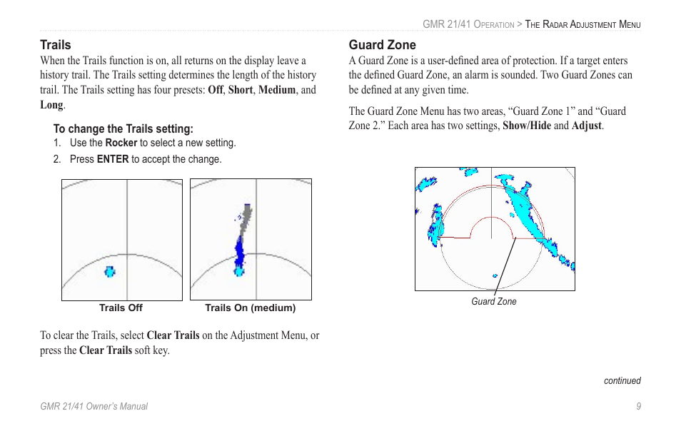 Trails, Guard zone | Garmin GMR 21 User Manual | Page 13 / 32