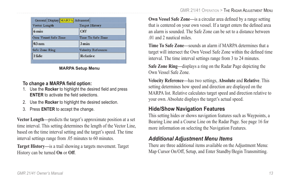 Hide/show navigation features, Additional adjustment menu items | Garmin GMR 21 User Manual | Page 17 / 32