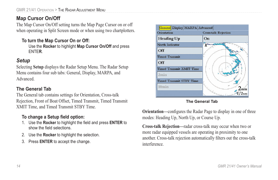 Map cursor on/off, Setup, The general tab | Garmin GMR 21 User Manual | Page 18 / 32