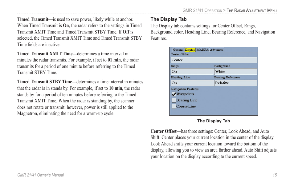 The display tab | Garmin GMR 21 User Manual | Page 19 / 32