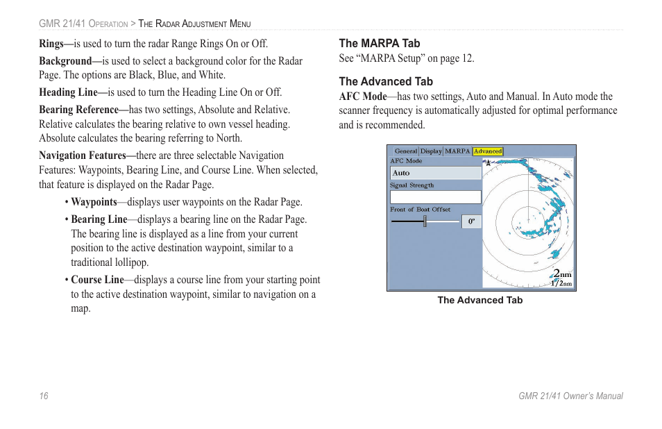 The marpa tab, The advanced tab | Garmin GMR 21 User Manual | Page 20 / 32