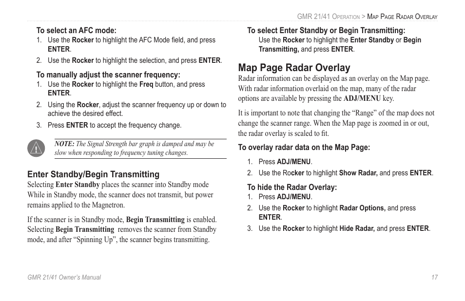 Enter standby/begin transmitting, Map page radar overlay | Garmin GMR 21 User Manual | Page 21 / 32