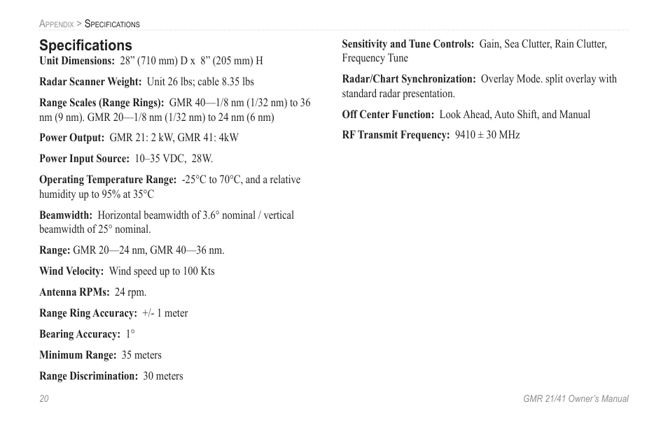 Specifications, Speciﬁcations | Garmin GMR 21 User Manual | Page 24 / 32