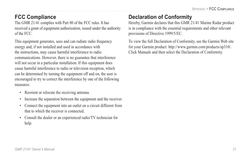 Fcc compliance, Declaration of conformity | Garmin GMR 21 User Manual | Page 25 / 32