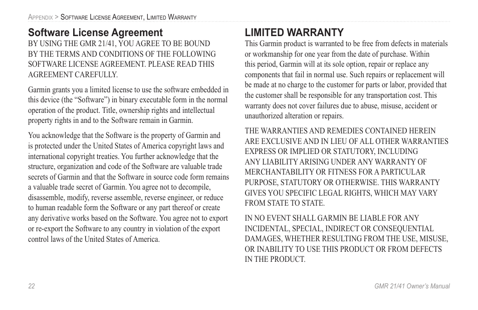 Software license agreement, Limited warranty | Garmin GMR 21 User Manual | Page 26 / 32