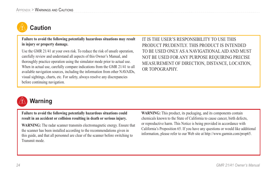 Caution, Arning and cautions, Warning | Garmin GMR 21 User Manual | Page 28 / 32