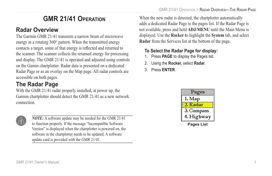 Gmr 21/41 operation, Radar overview, Gmr 21/41 o | The radar page | Garmin GMR 21 User Manual | Page 5 / 32