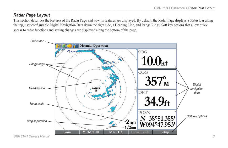 Radar page layout | Garmin GMR 21 User Manual | Page 7 / 32