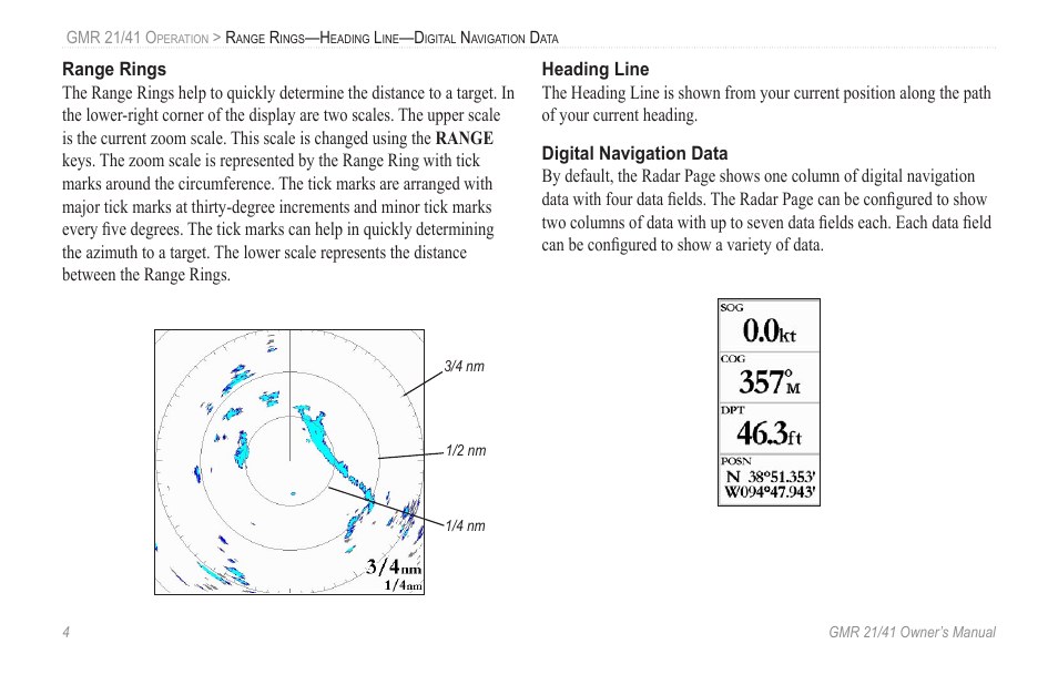 Range rings, Heading line, Digital navigation data | Garmin GMR 21 User Manual | Page 8 / 32