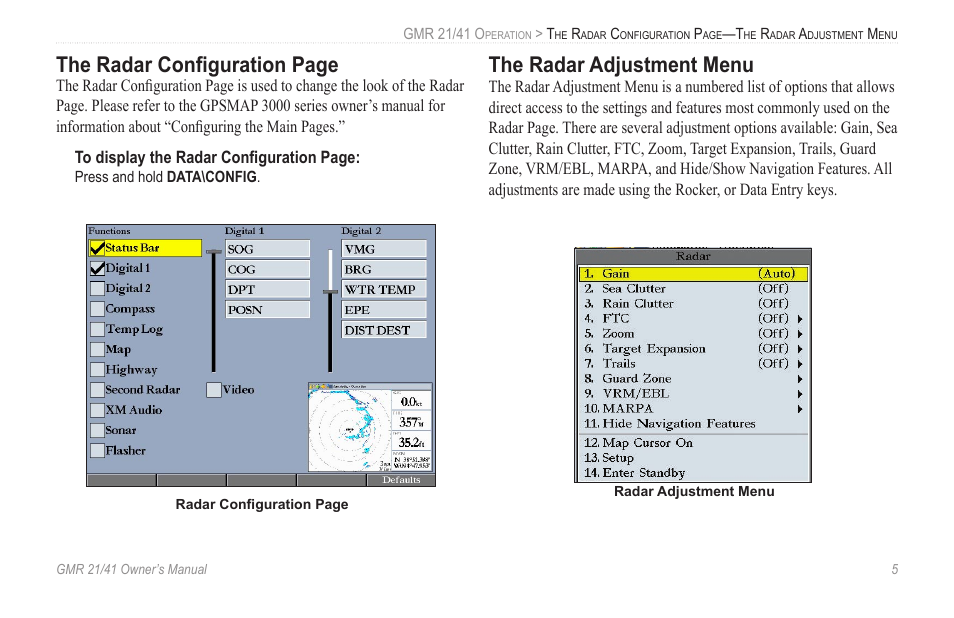 The radar adjustment menu, The radar conﬁguration page | Garmin GMR 21 User Manual | Page 9 / 32