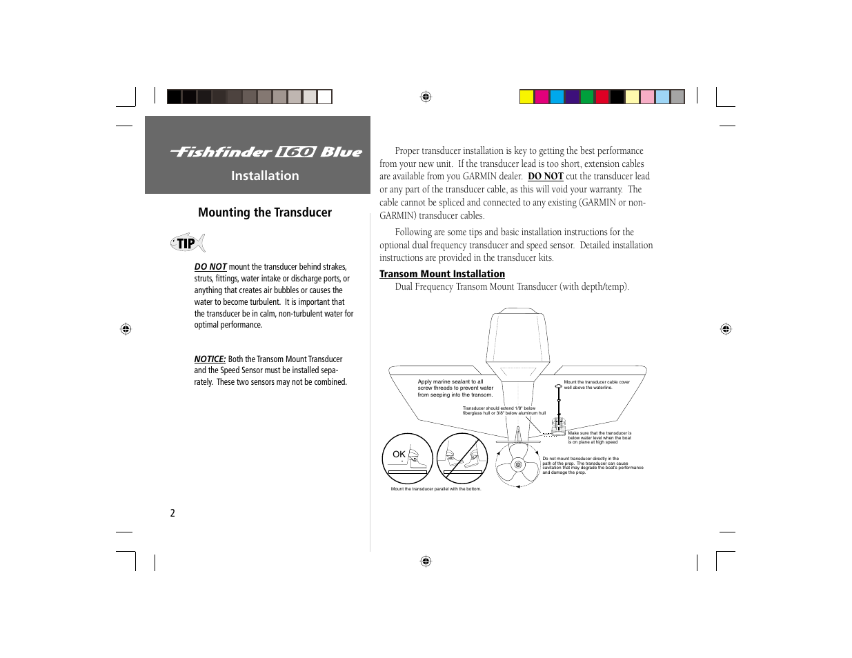 Installation mounting the transducer | Garmin 160 BLUE User Manual | Page 10 / 50