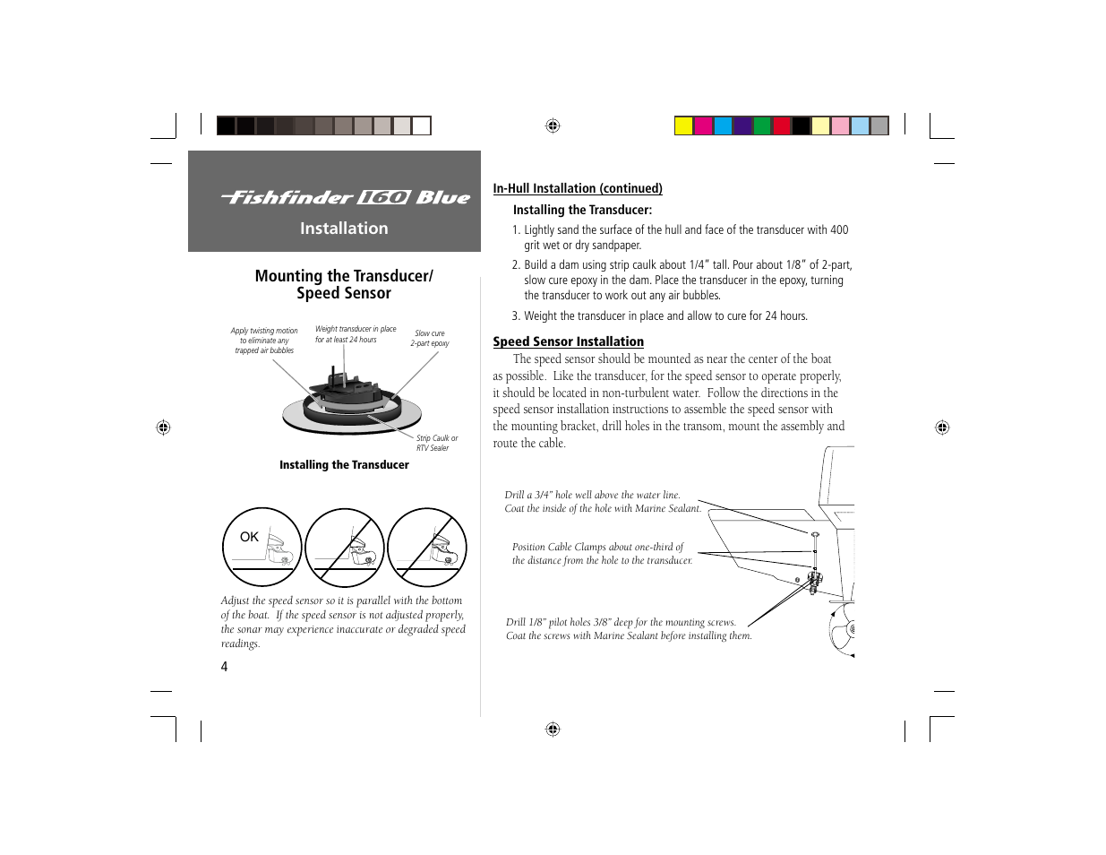Installation mounting the transducer/ speed sensor | Garmin 160 BLUE User Manual | Page 12 / 50
