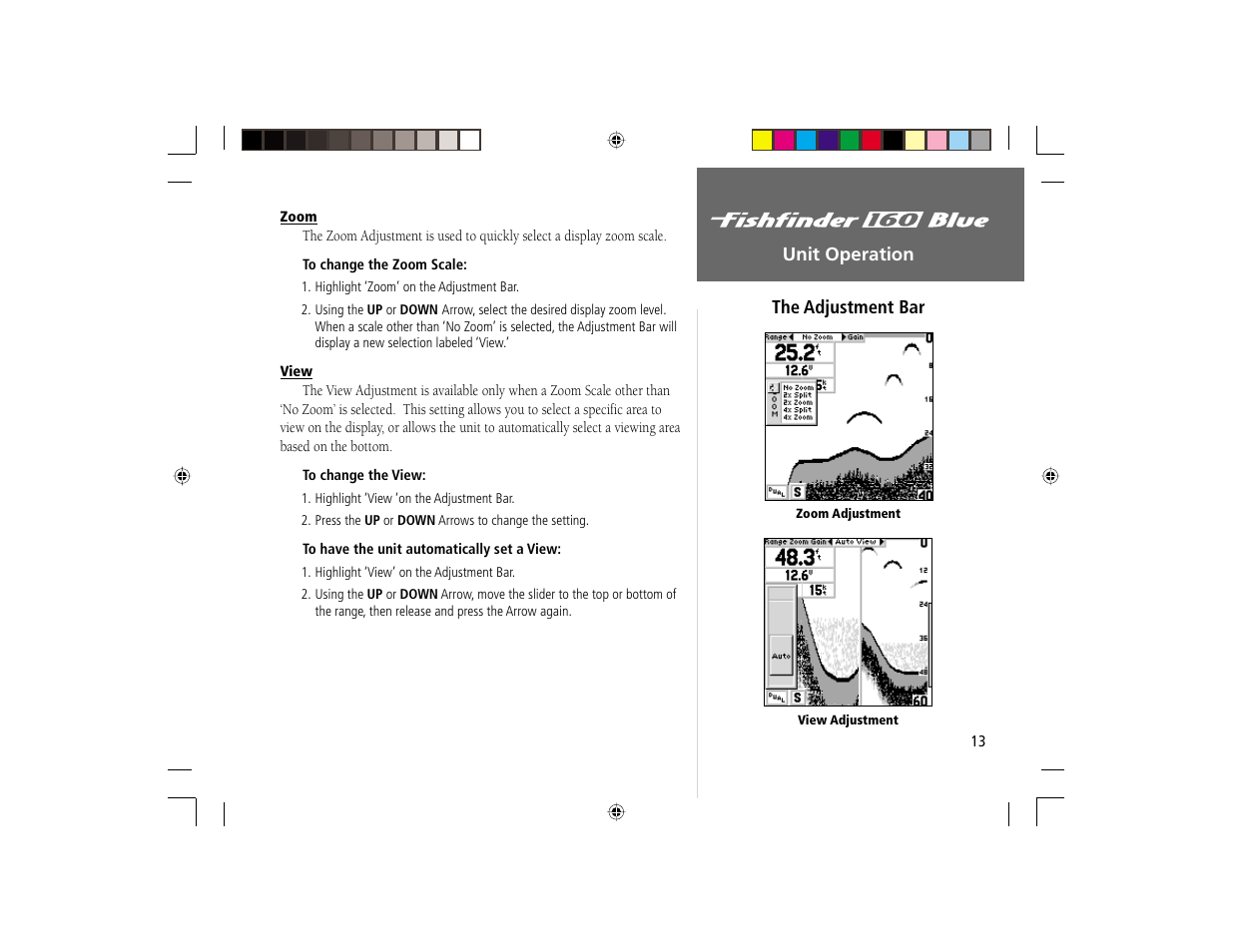Unit operation the adjustment bar | Garmin 160 BLUE User Manual | Page 21 / 50