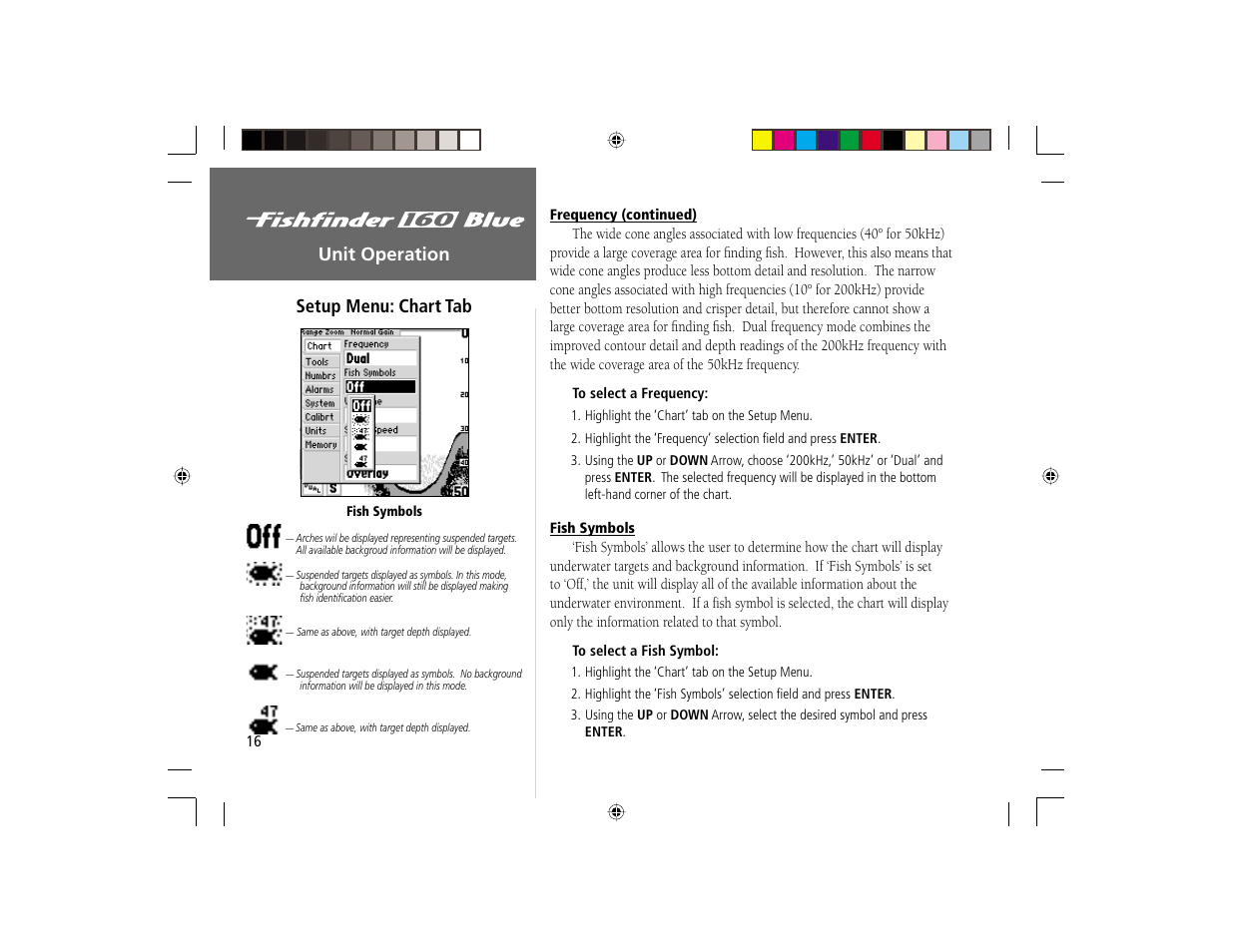 Unit operation, Setup menu: chart tab | Garmin 160 BLUE User Manual | Page 24 / 50