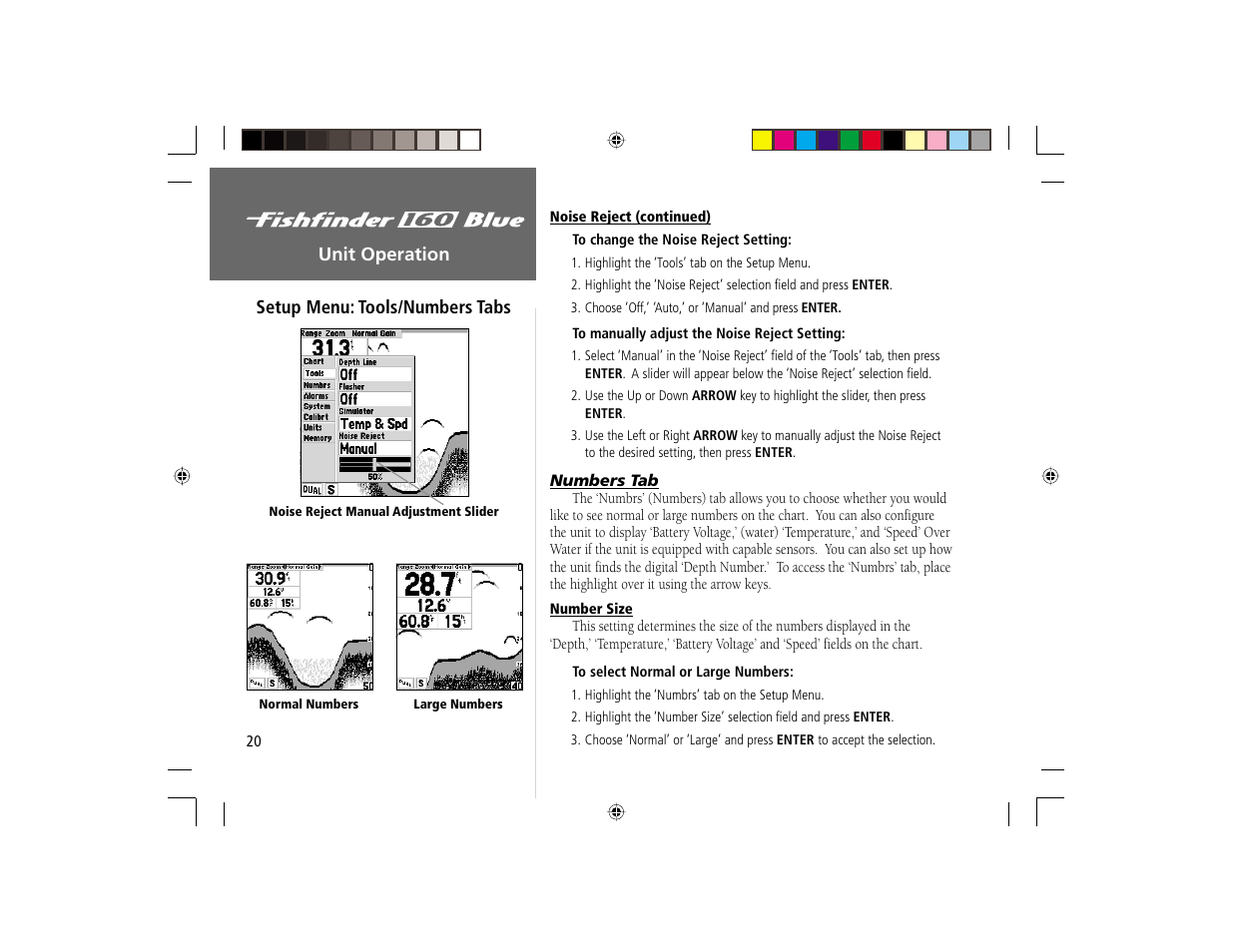 Unit operation setup menu: tools/numbers tabs | Garmin 160 BLUE User Manual | Page 28 / 50
