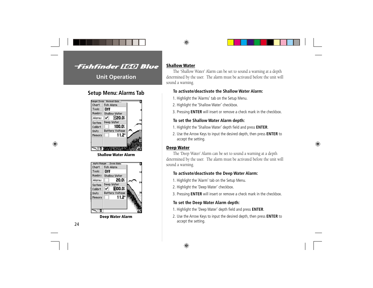 Unit operation setup menu: alarms tab | Garmin 160 BLUE User Manual | Page 32 / 50