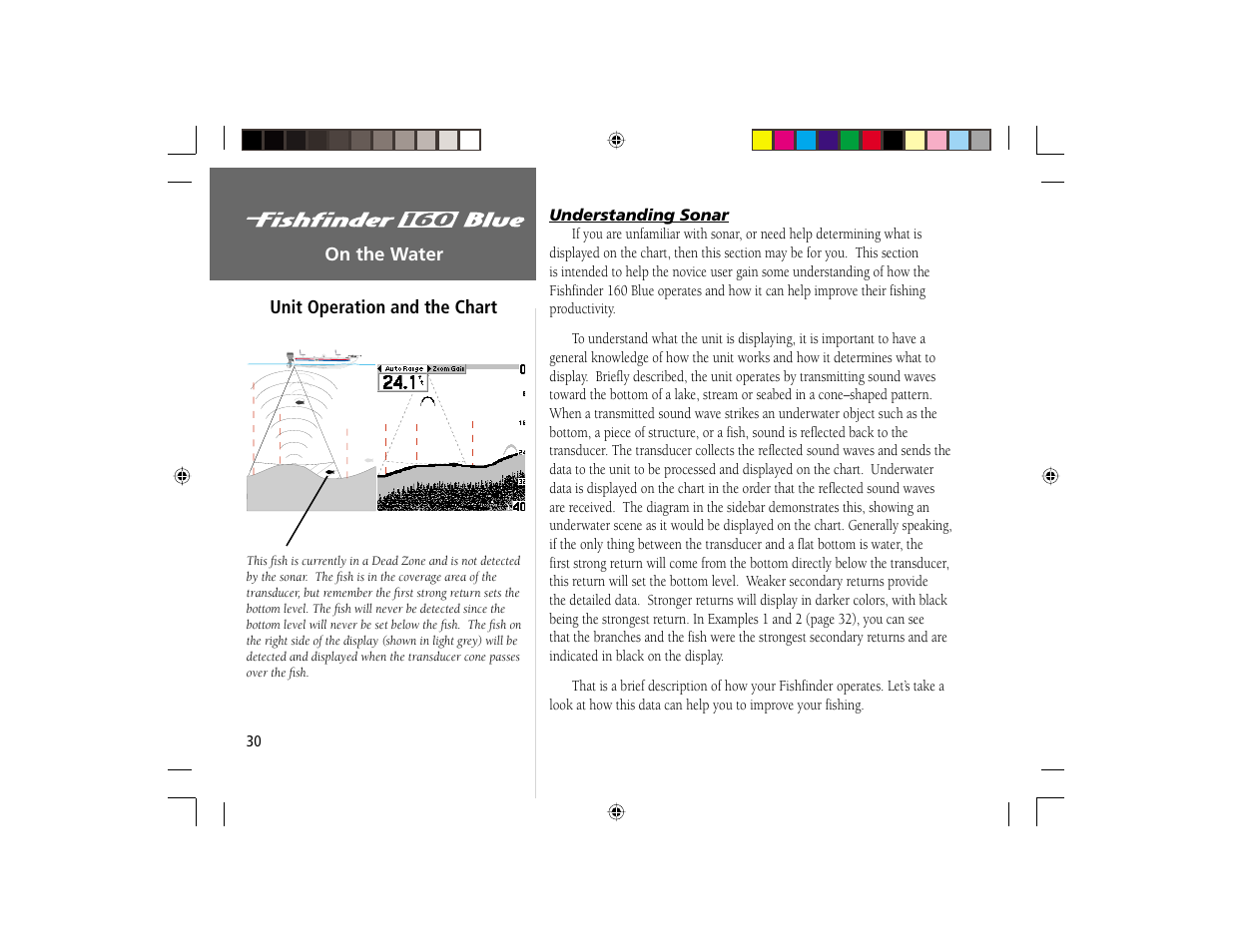 On the water, Unit operation and the chart | Garmin 160 BLUE User Manual | Page 38 / 50