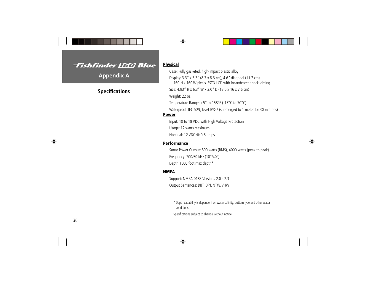 On the water, Appendix a speciﬁ cations | Garmin 160 BLUE User Manual | Page 44 / 50