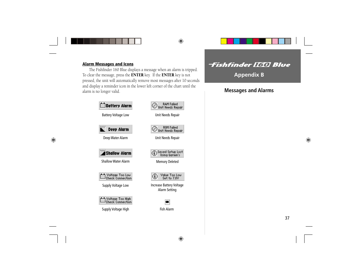 On the water appendix b, Messages and alarms | Garmin 160 BLUE User Manual | Page 45 / 50