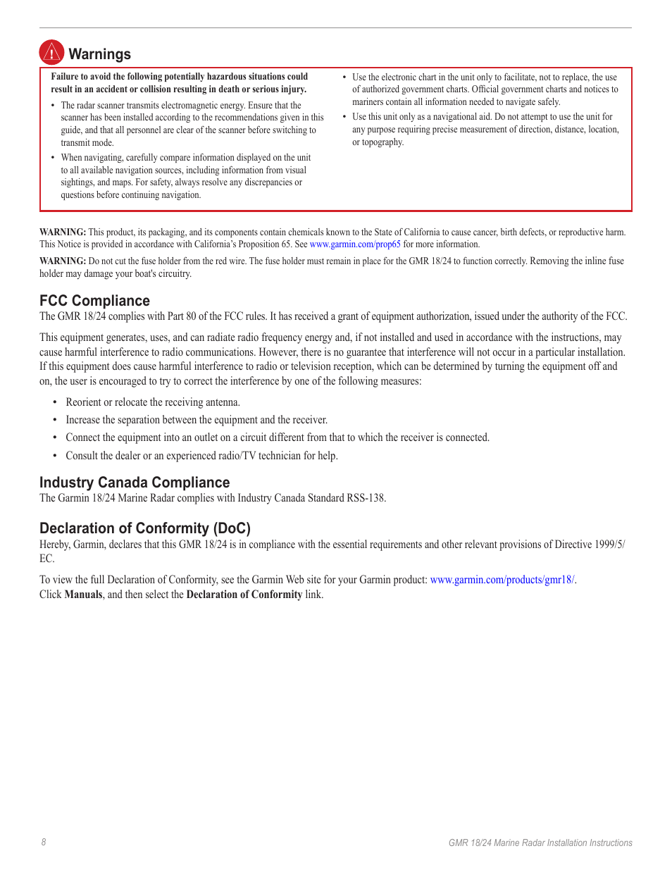 Warnings, Fcc compliance, Industry canada compliance | Declaration of conformity (doc) | Garmin GMR 18/24 User Manual | Page 10 / 12