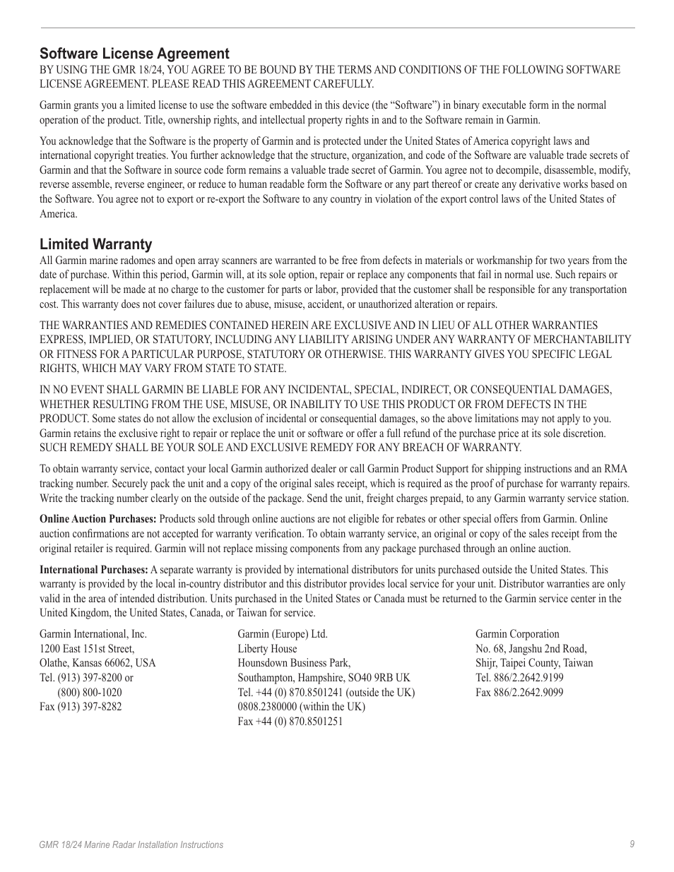 Software license agreement, Limited warranty | Garmin GMR 18/24 User Manual | Page 11 / 12