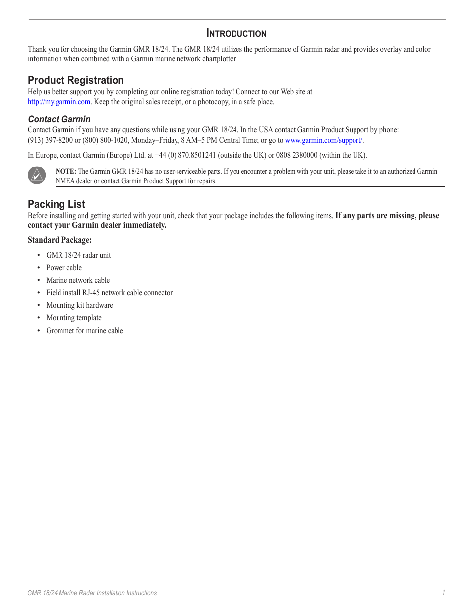 Introduction, Product registration, Contact garmin | Packing list | Garmin GMR 18/24 User Manual | Page 3 / 12