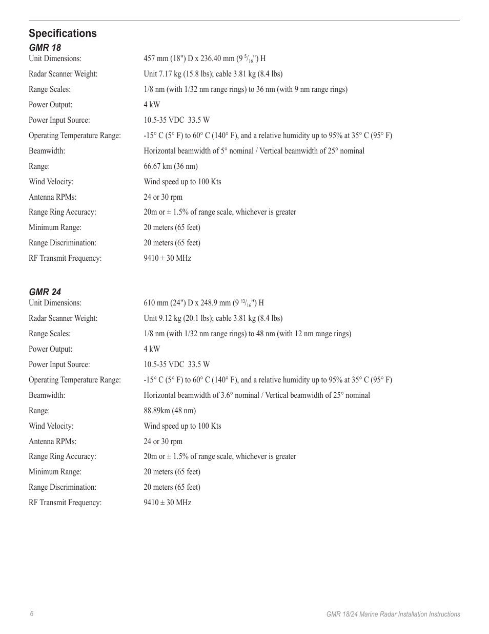 Specifications, Gmr 18, Gmr 24 | Garmin GMR 18/24 User Manual | Page 8 / 12