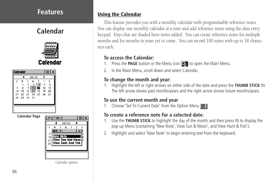 Calendar, Using the calendar, Features calendar | Garmin Rino 130 User Manual | Page 100 / 130